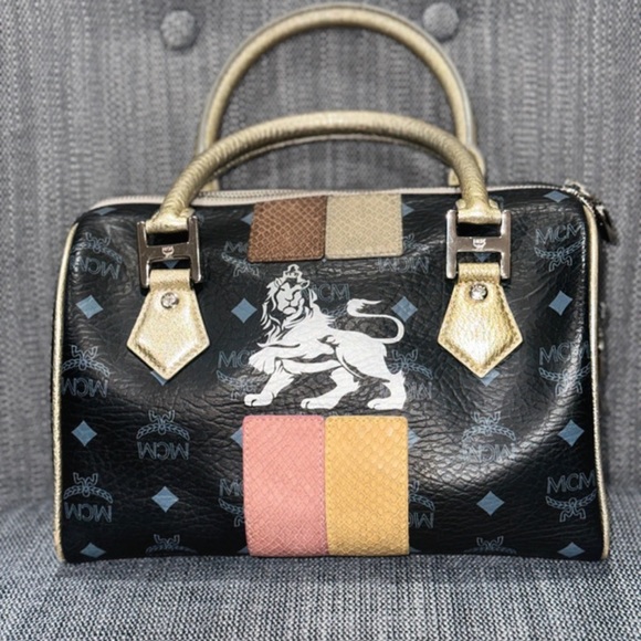 MCM Handbags - MCM Lion Visetos Boston Satchel Black Gold Leather Bag